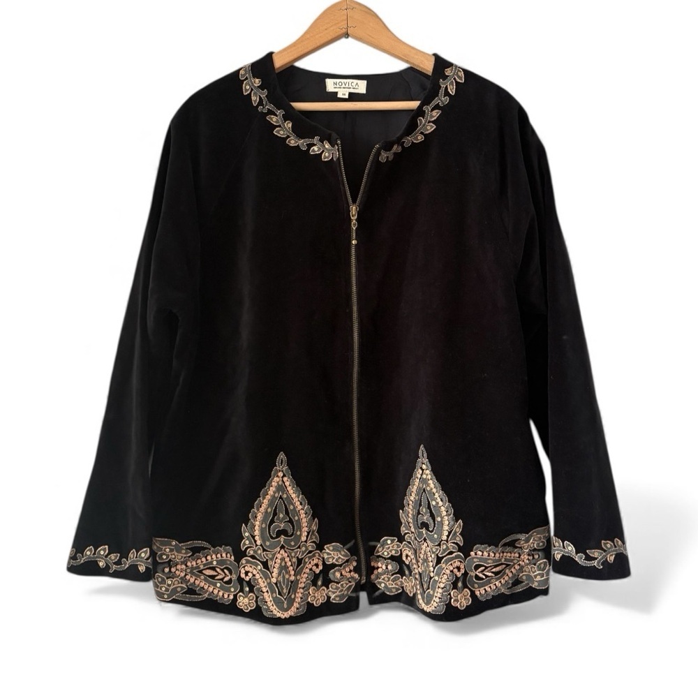 NOVICA Black Velvet Embroidered Zip Jacket Medium